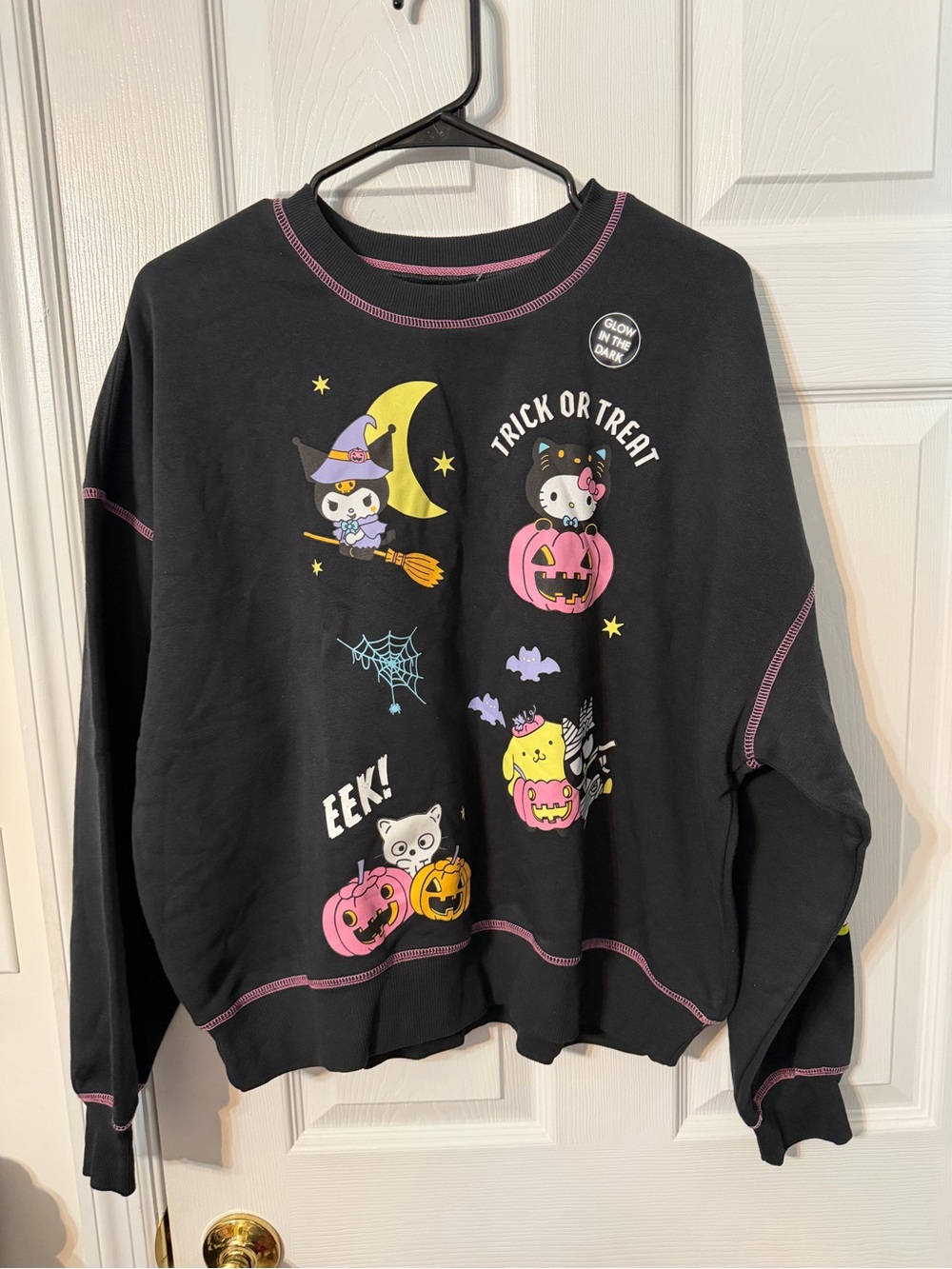 Hello Kitty Black Glow-in-the-Dark Graphic Sweatshirt with Pink Stitching